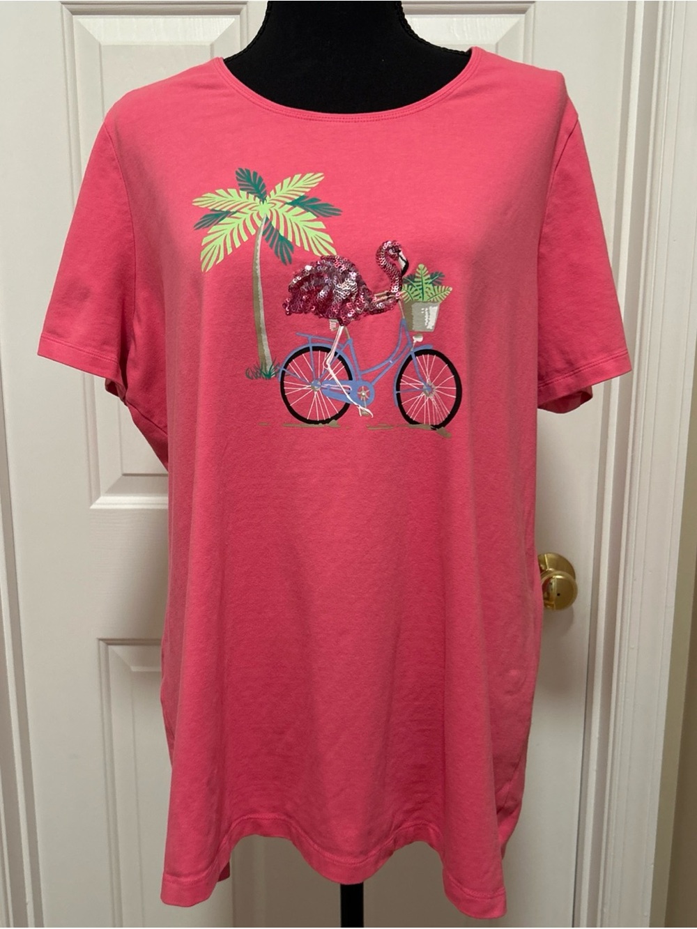 Kim Rogers Coral Pink Flamingo Sequin Graphic Tee